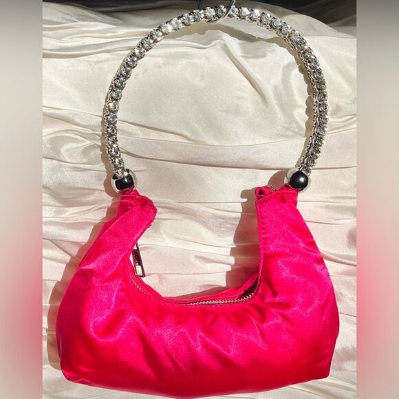 Pink Satin Purse with Rhinestones by Azalea Wang  Jeweled Shoulder Bag - Picture 2 of 8